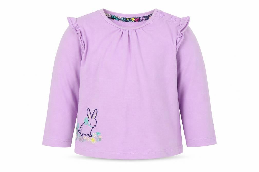 Front view of Mini Club girls’ purple colourblock basic t-shirt, size 9-12, months