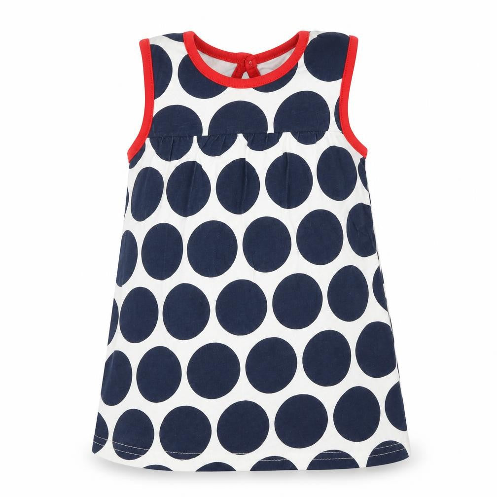 Front view of George girls’ blue polka dot tank dress, size 9-12, months