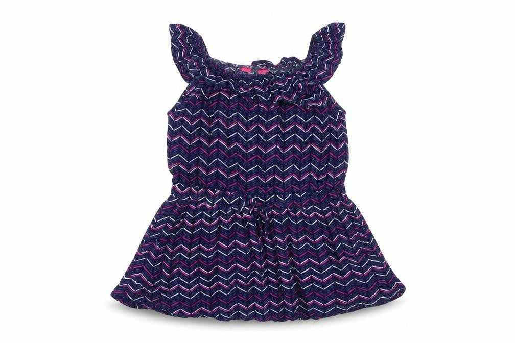 Front view of Young Dimension girls’ blue striped tank dress, size 12-18, months