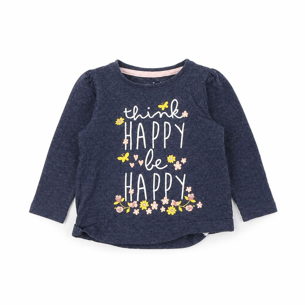 Front view of Young Dimension girls’ blue basic t-shirt, size 9-12, months - happy