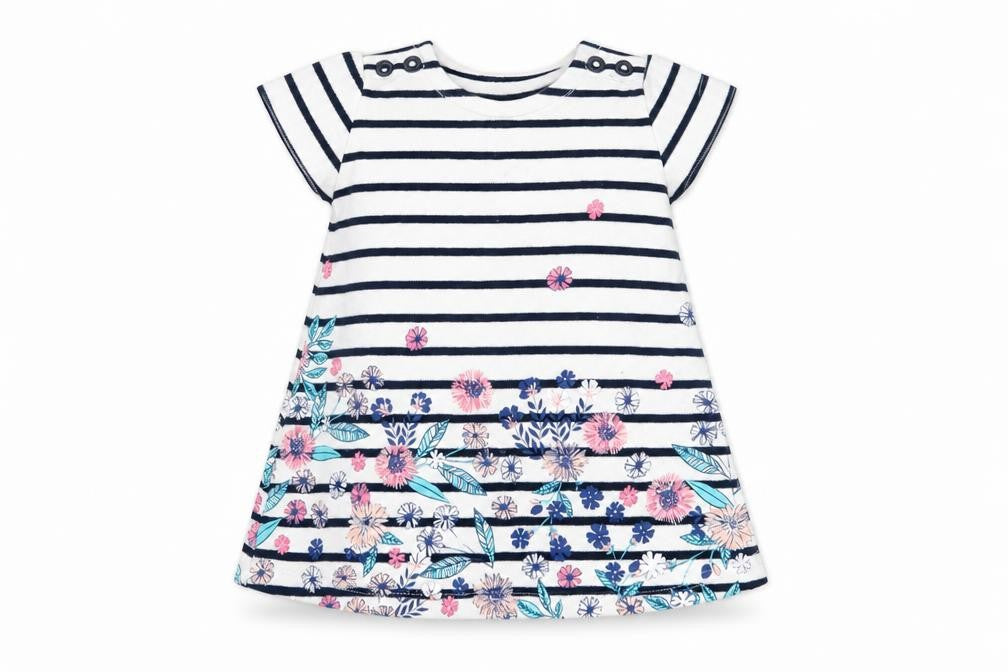 Front view of Maine New England girls’ white striped t-shirt dress, size 0-3, months