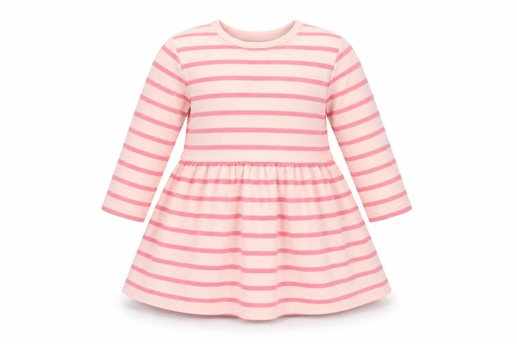 Front view of Next girls’ pink striped a-line, size 3-6, months