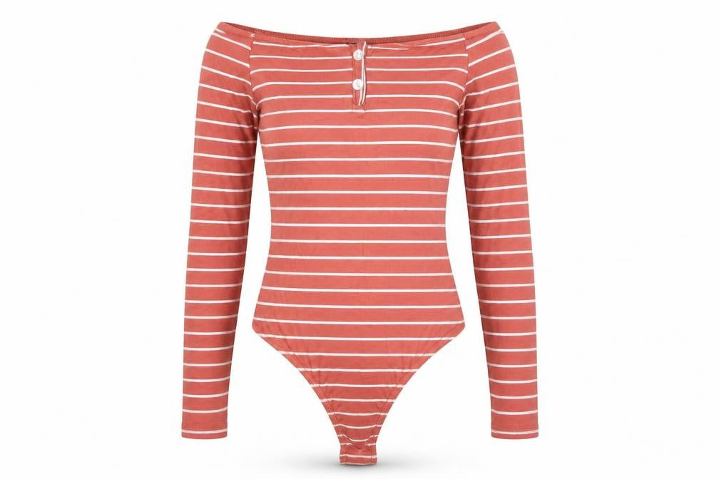 Front view of Missguided women’s orange striped bodysuit one-piece, size UK 8