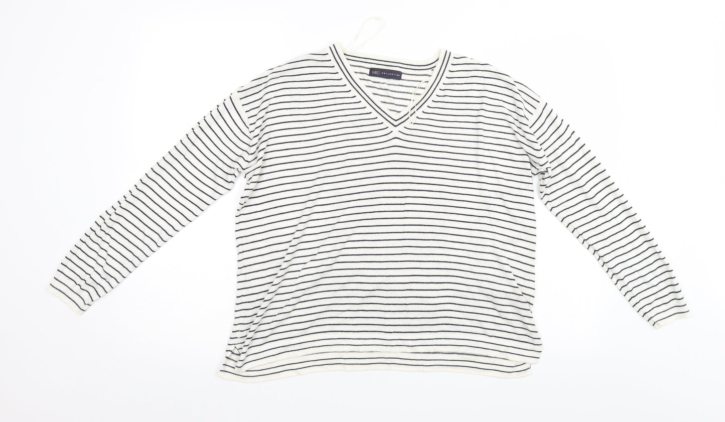 M&S Womens White Striped  Pullover Jumper Size M