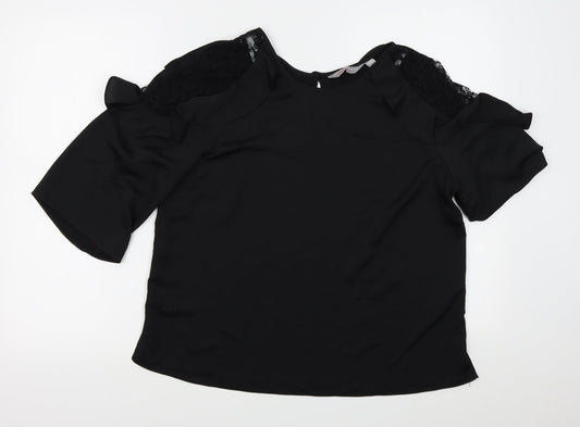 Dorothy Perkins Womens Black   Basic Blouse Size 14  - lace shoulders with frills