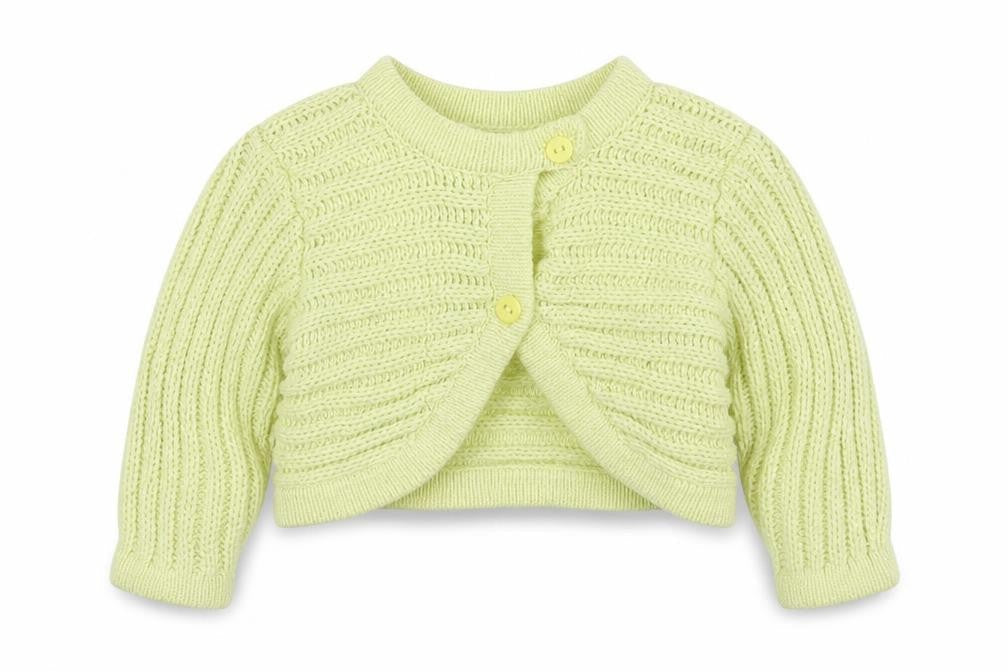 Front view of tout petits girls’ yellow cardigan jumper, size 6-9, months