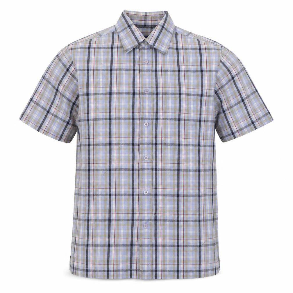 Front view of Easy men’s blue plaid button-up, size S