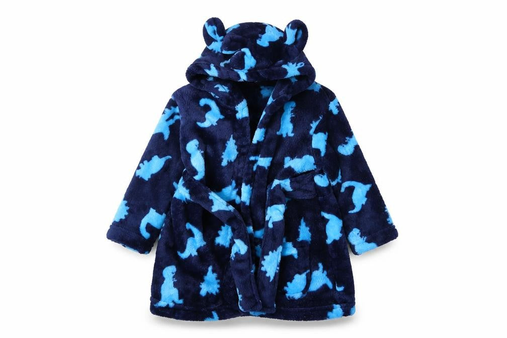 Front view of Asda George boys’ black animal print babydoll robe, size 3-6, months
