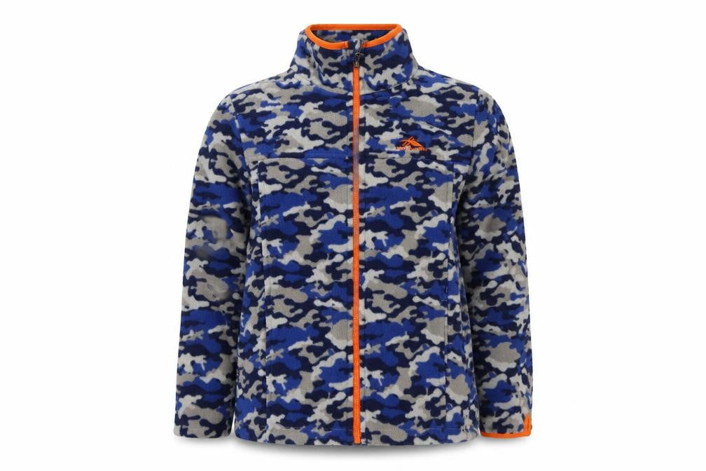 Front view of High Sierra boys’ blue camouflage jacket, size M