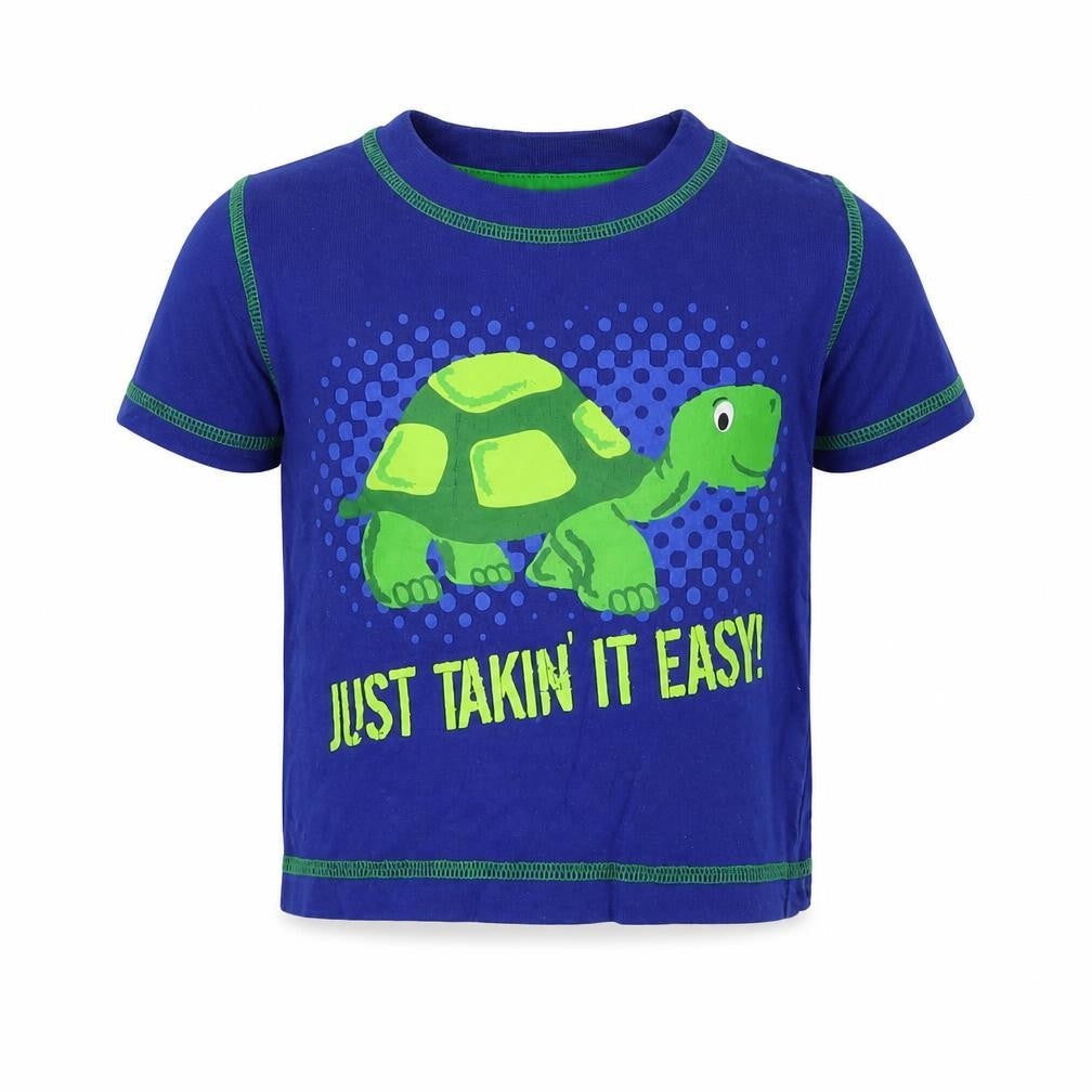 Front view of animal crazy boys’ blue colourblock basic t-shirt, size 18-24, months
