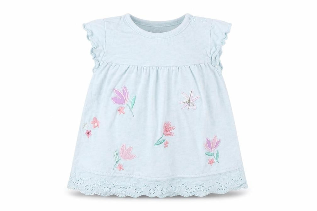 Front view of Nutmeg girls’ blue floral tank dress, size 6-9, months