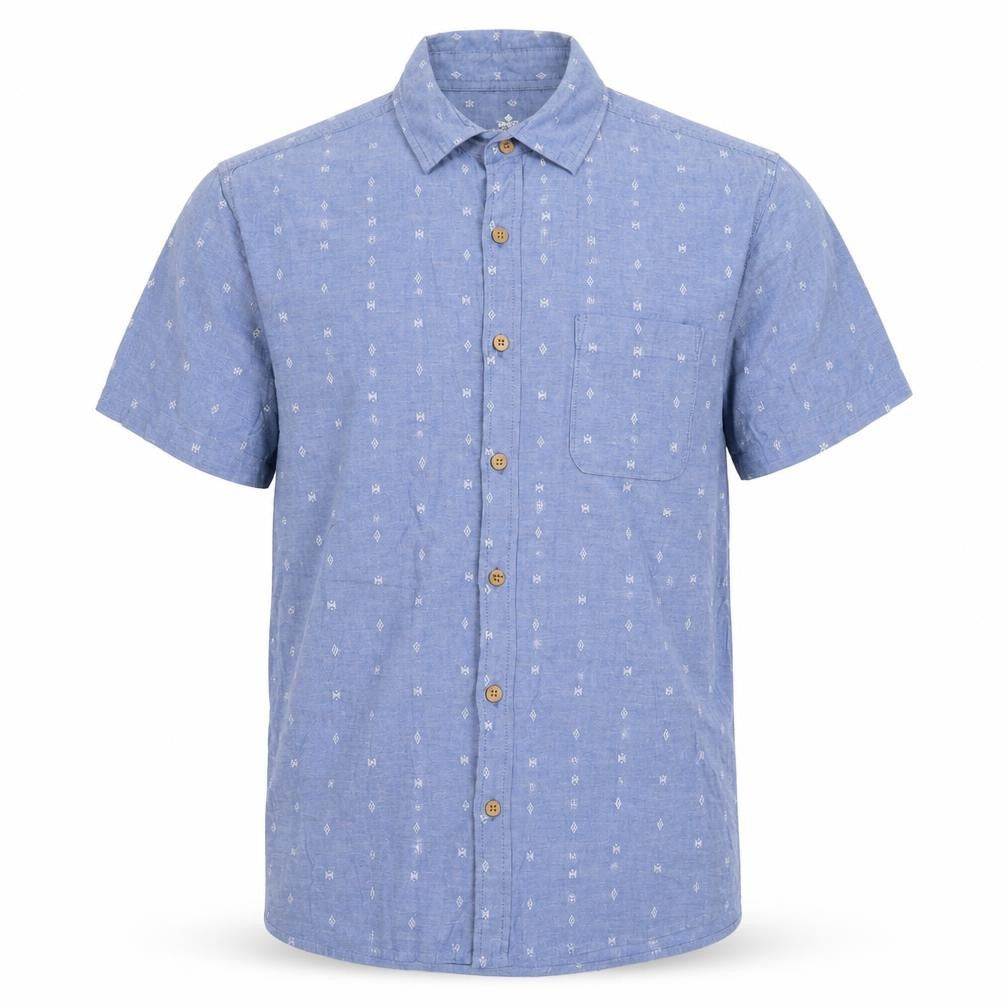 Front view of Easy men’s blue button-up, size L