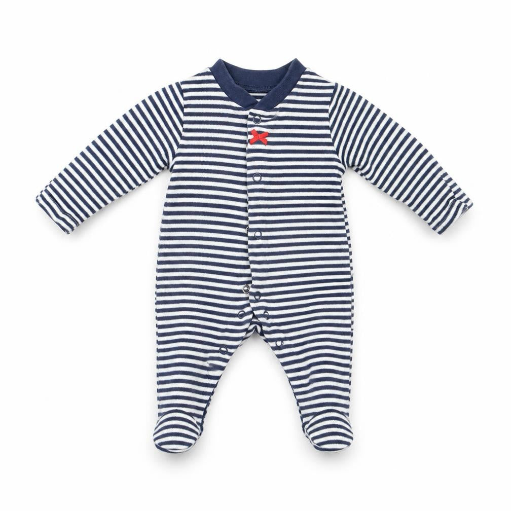 Front view of Marks & Spencer girls’ blue striped babygrow one-piece size newborn - built in mittens