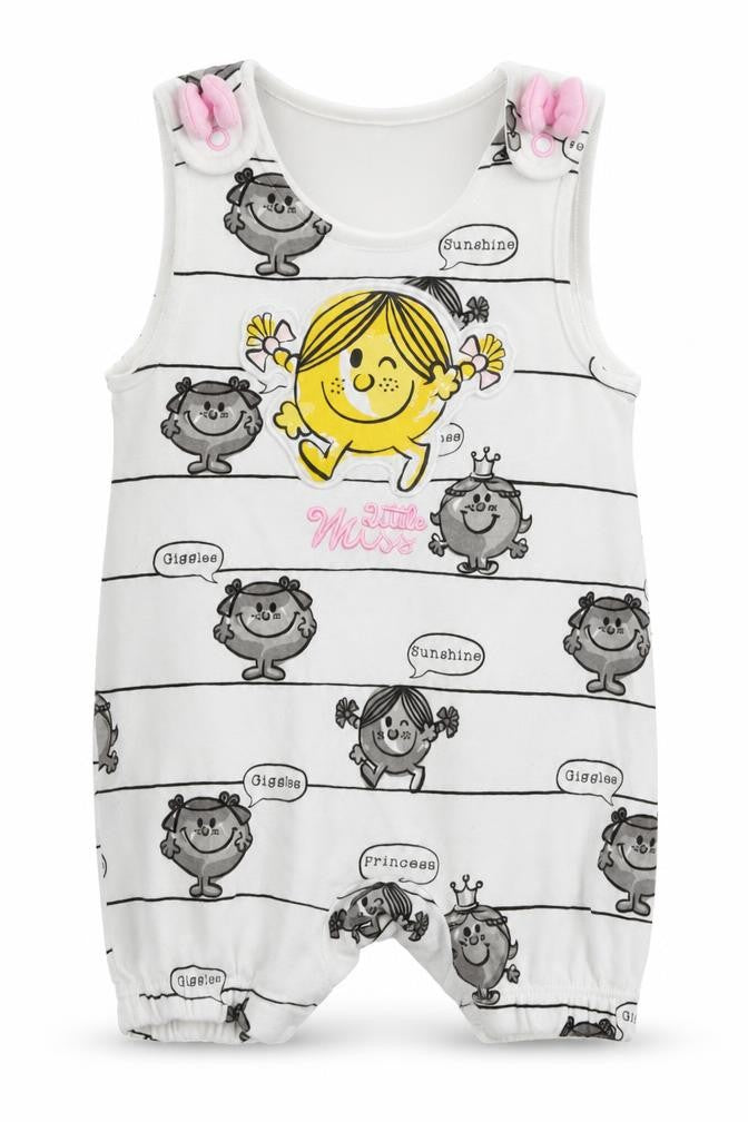 Front view of Preworn girls’ white spotted romper one-piece, size 3-6, months - little miss sunshine
