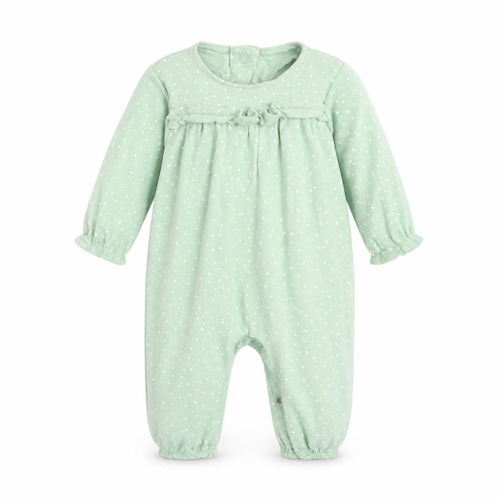 Front view of Marks & Spencer girls’ green polka dot babygrow one-piece, size 3-6, months - frilled front