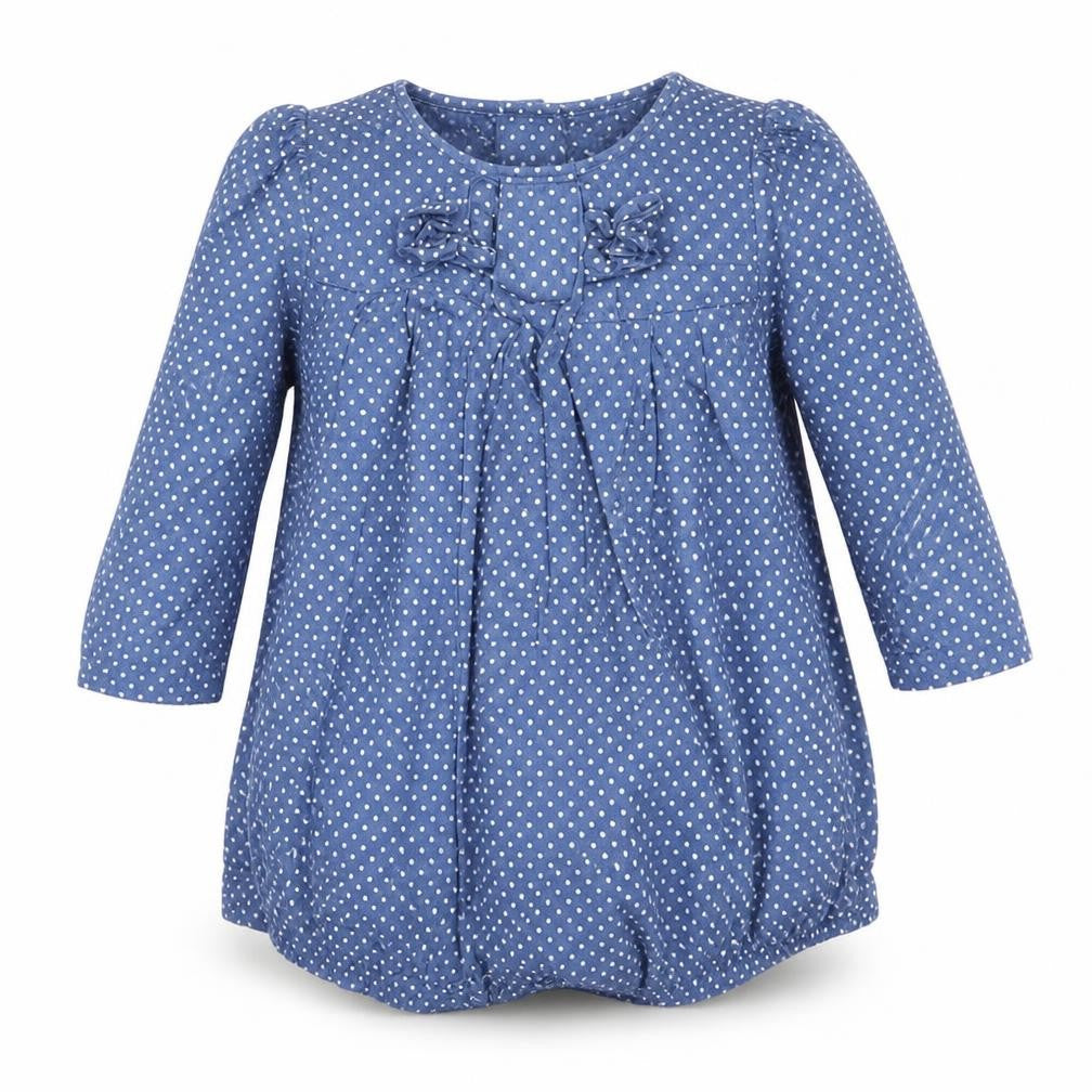 Front view of Mini Club girls’ blue spotted a-line, size 3-6, months - dress bodysuit