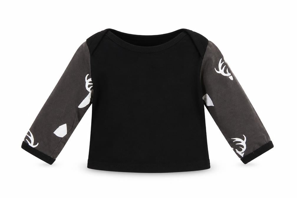 Front view of Preworn boys’ black colourblock basic t-shirt, size 6-9, months