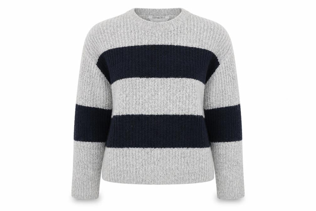 Front view of Red Herring women’s grey striped jumper, size UK 14