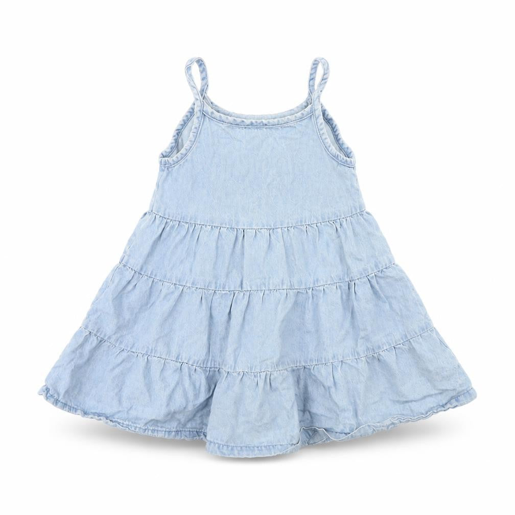 Front view of M&Co girls’ blue denim fit & flare, size 18, months