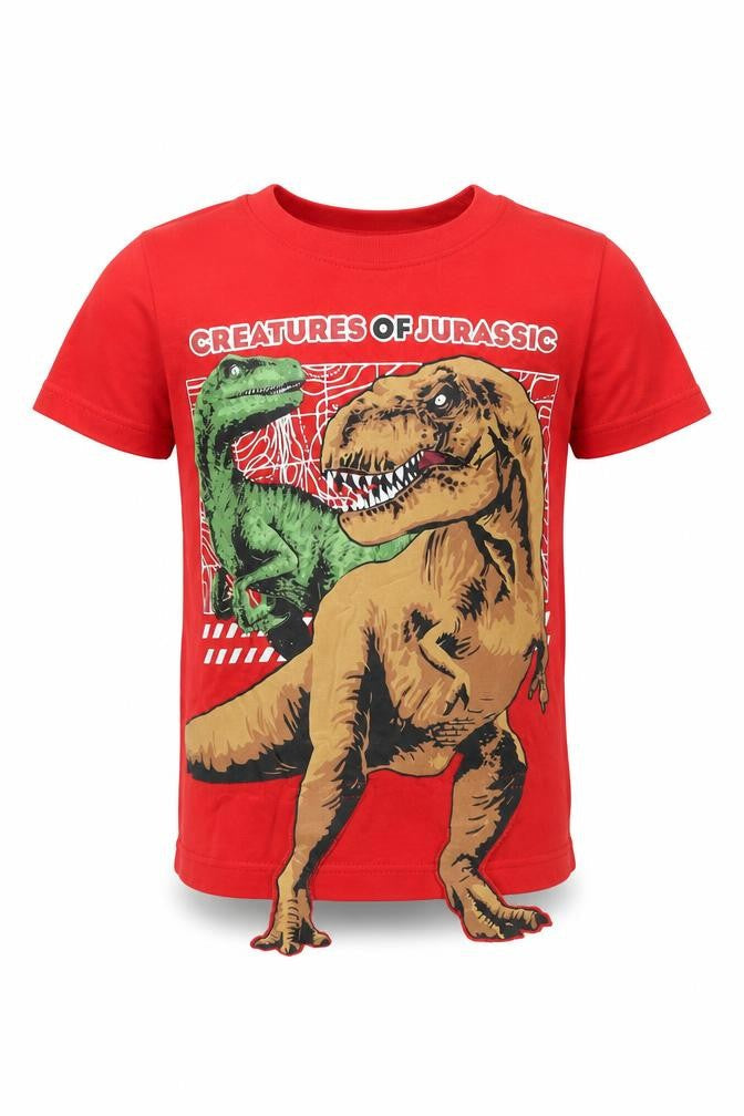 Front view of Jurassic World boys’ red basic t-shirt, size 12, months - dinosaurs
