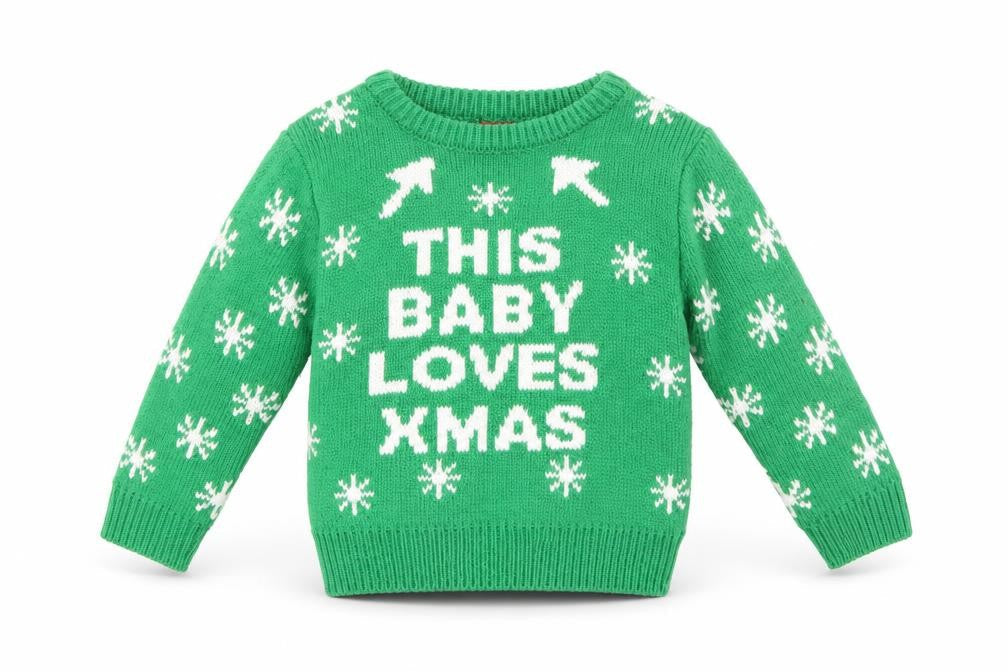 Front view of Santas little Helper boys’ green jumper, size 9-12, months