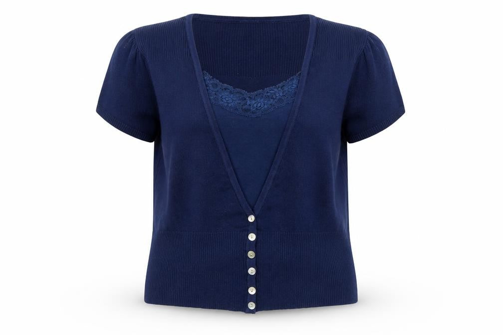 Front view of Papaya women’s blue cardigan jumper, size UK 14