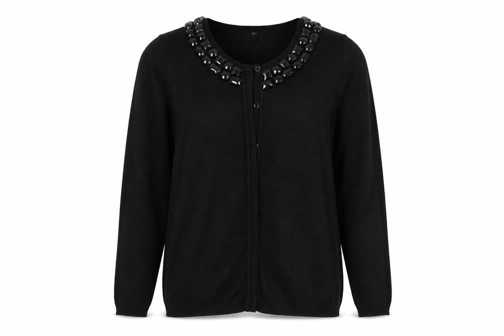 Front view of Evie women’s black knit cardigan jumper, size UK 10