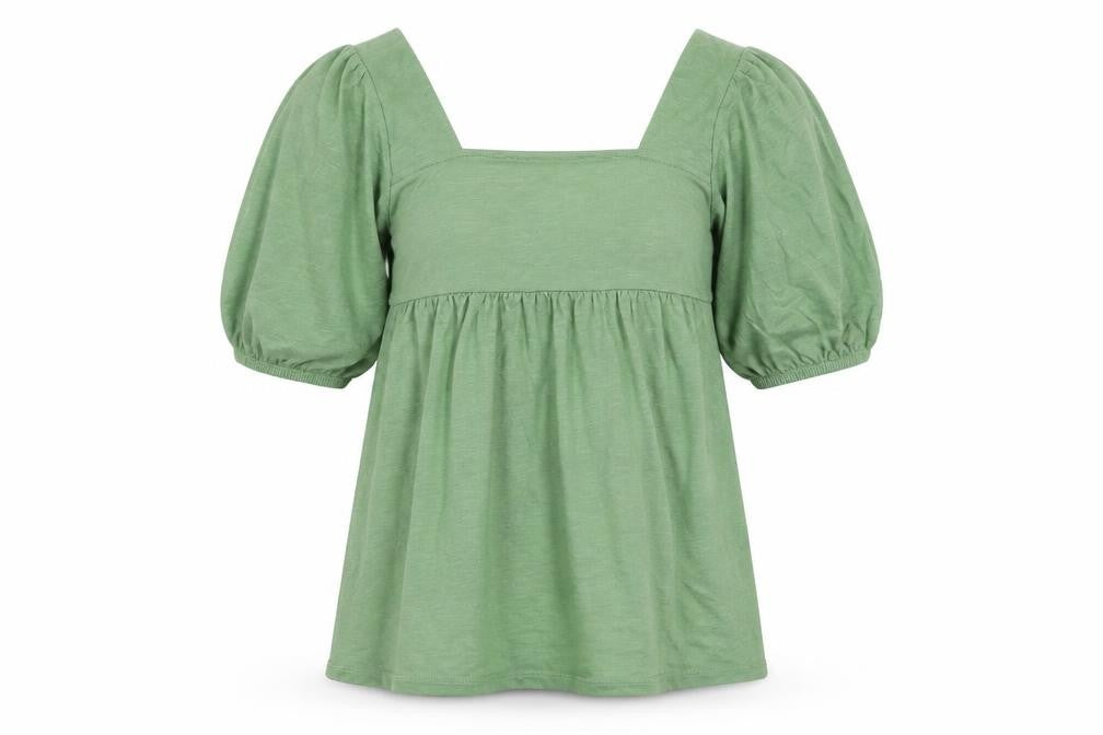 Front view of ASOS women’s green basic t-shirt, size UK 8