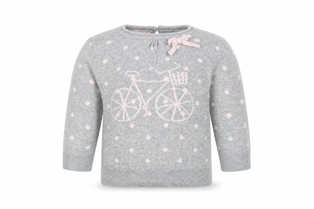 Front view of Baby Gap girls’ grey spotted jumper, size 0-3, months - bike