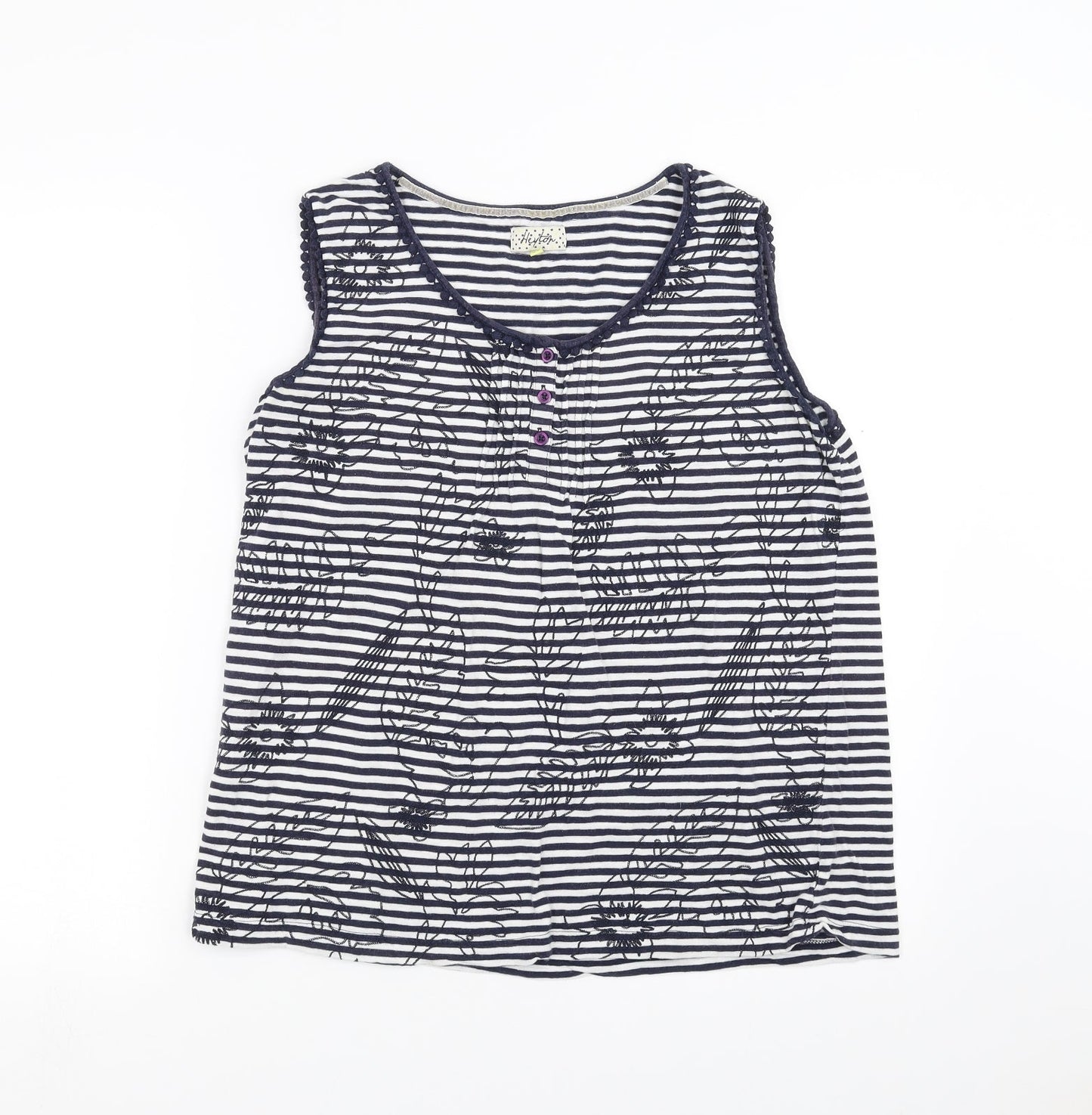 Heyton Womens Blue Striped  Basic T-Shirt Size L  - Floral embroidery