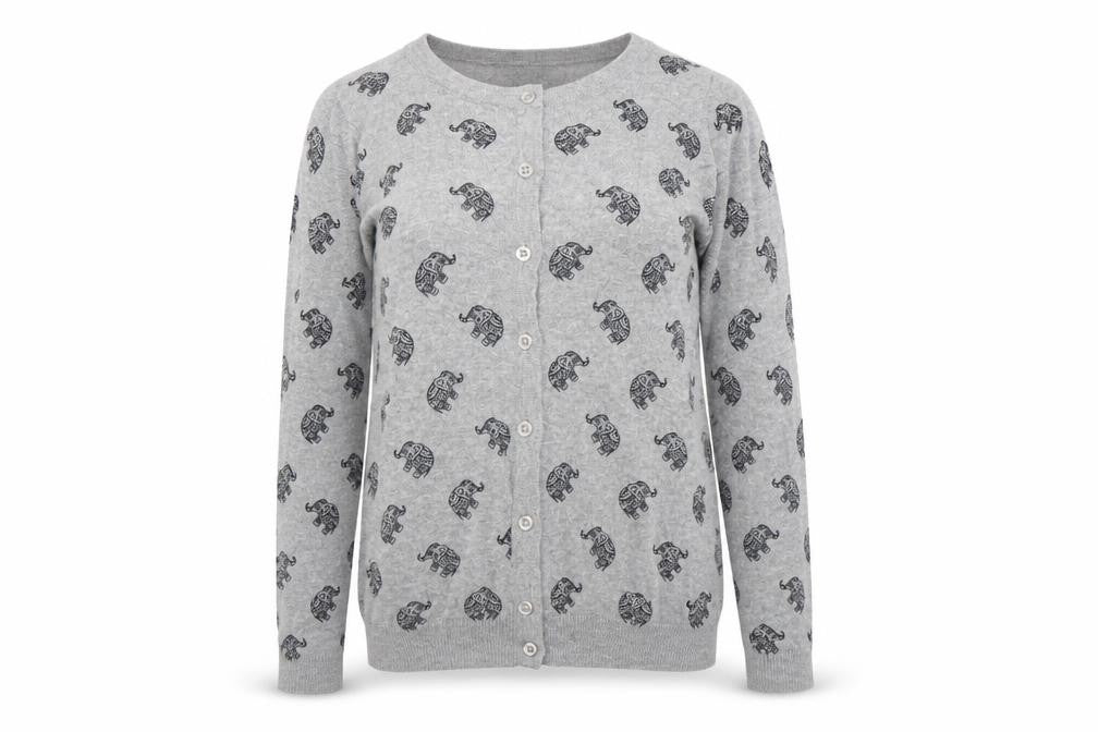 Front view of Atmosphere women’s grey animal print cardigan jumper, size UK 4, - elephant