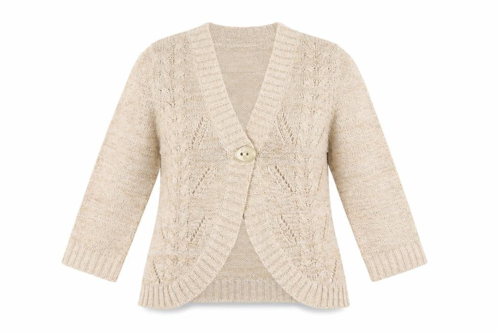 Front view of E-vie women’s beige argyle/diamond cardigan jumper, size UK 14
