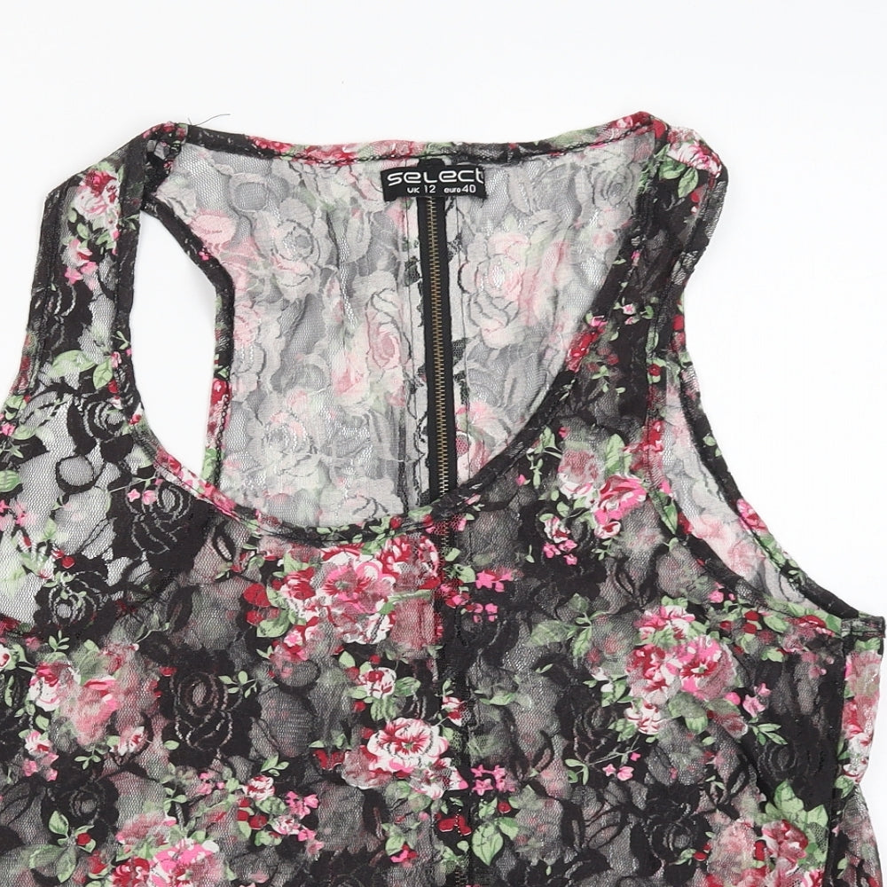 Select Womens Black Floral  Basic T-Shirt Size 12  - Zip back