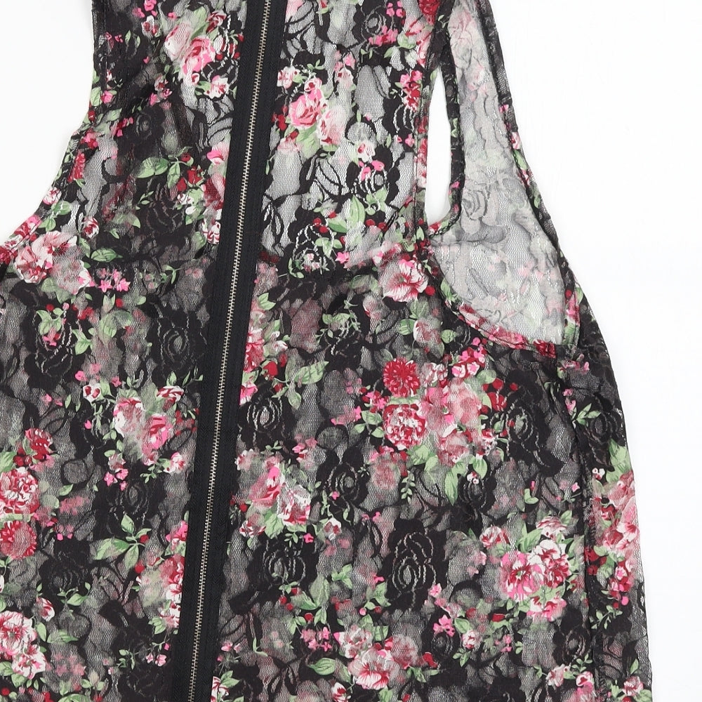 Select Womens Black Floral  Basic T-Shirt Size 12  - Zip back