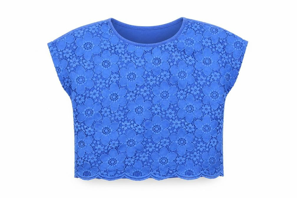 Front view of Marks & Spencer girls’ blue floral cropped t-shirt, size 10-11, years