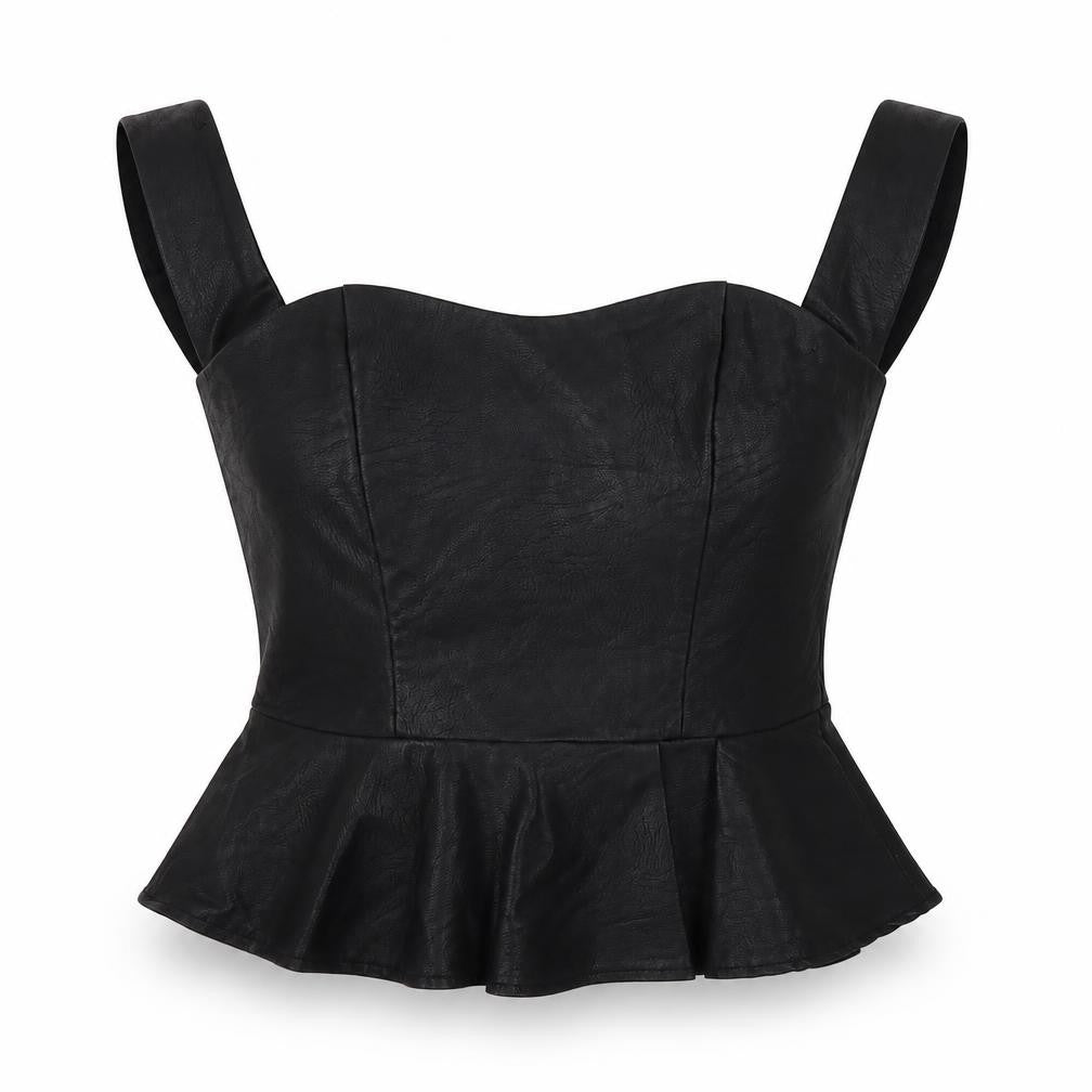 Front view of Missguided women’s black basic blouse, size UK 6, - faux leather