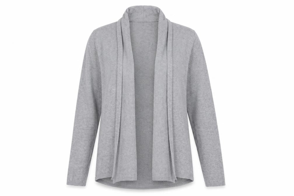 Front view of Papaya women’s grey knit cardigan jumper, size UK 12