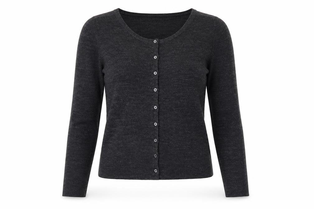 Front view of EVIE women’s grey cardigan jumper, size UK 10