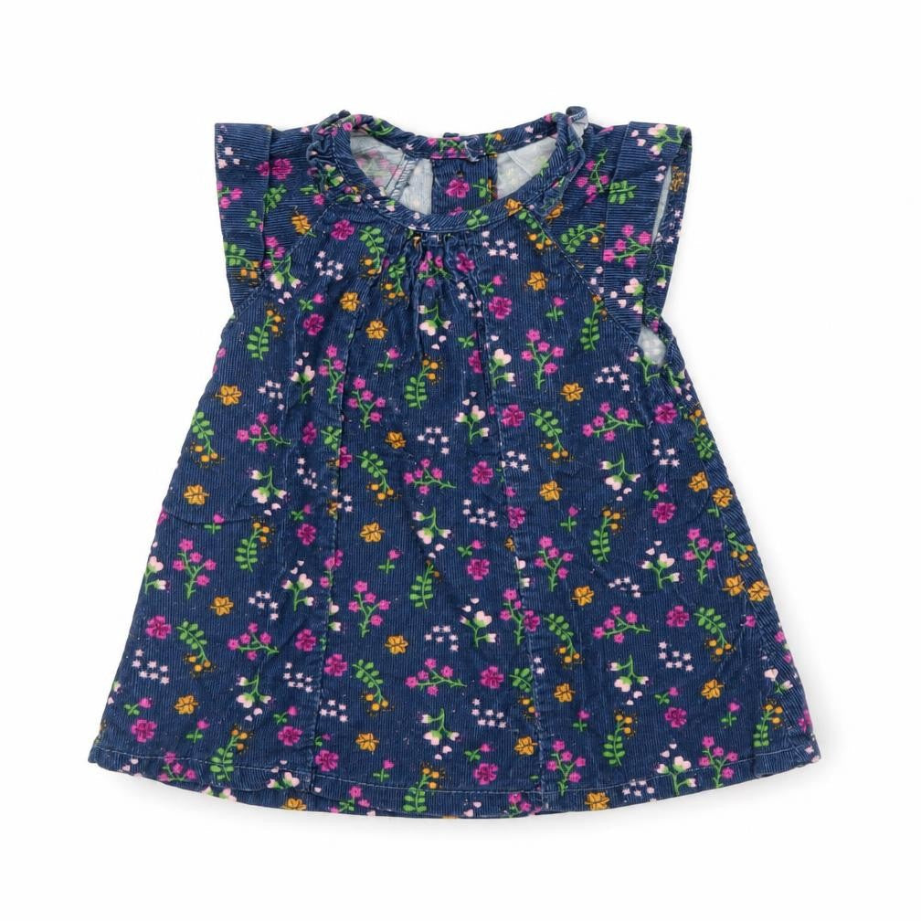 Front view of Baby Club girls’ blue floral corduroy a-line, size 0-3, months