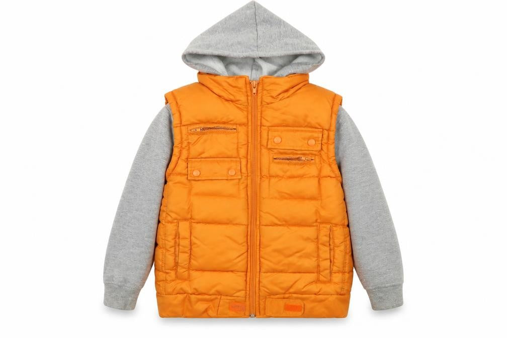 Front view of Adams Kids boys’ orange jacket waistcoat, size 7, years