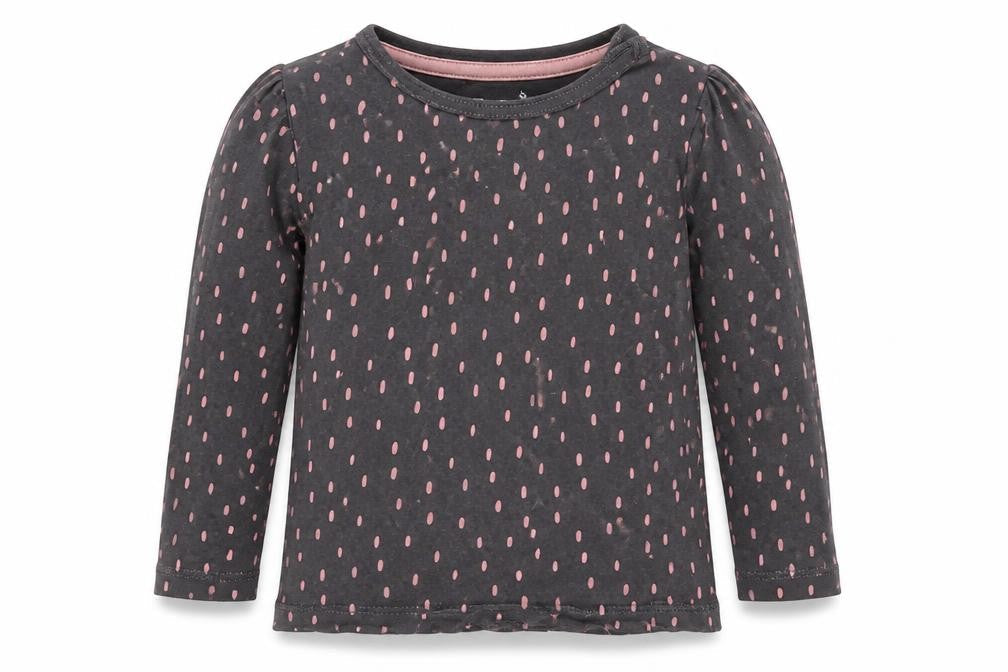 Front view of F&F girls’ grey polka dot jersey basic t-shirt, size 9-12, months