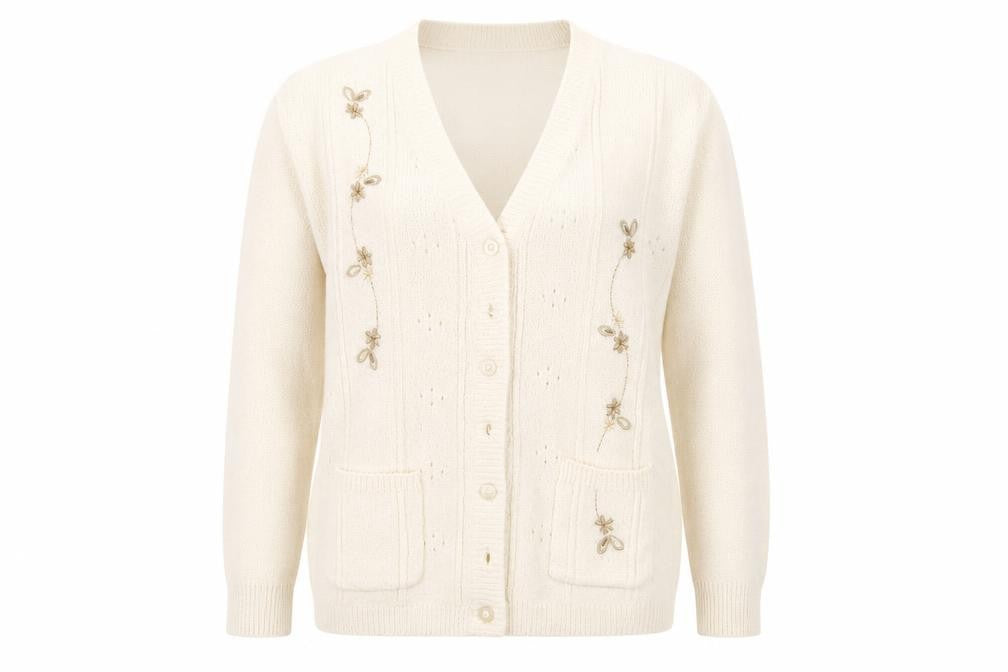Front view of Akal Collection women’s beige floral cardigan jumper, size S, -, size S/m