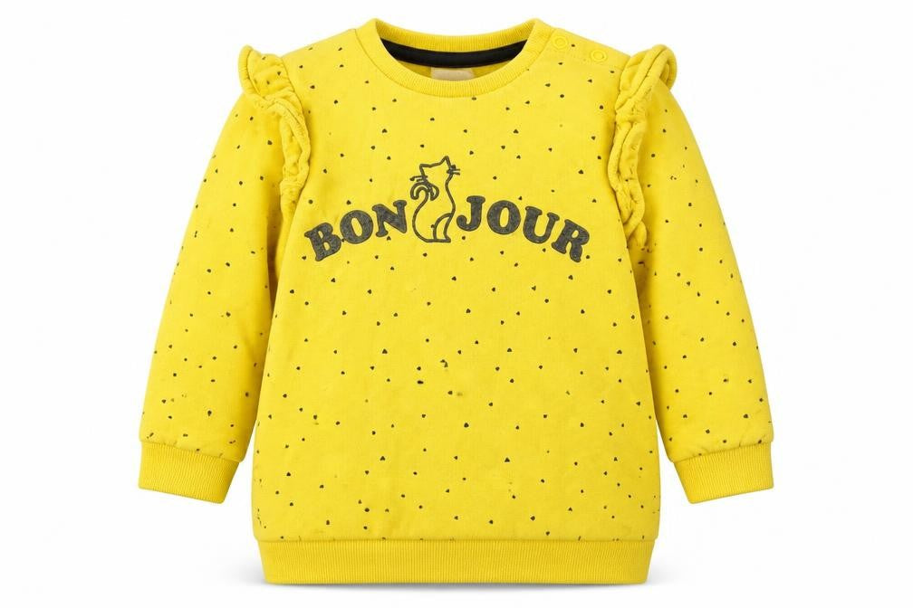 Front view of So Cute girls’ yellow jumper, size 18-24, months