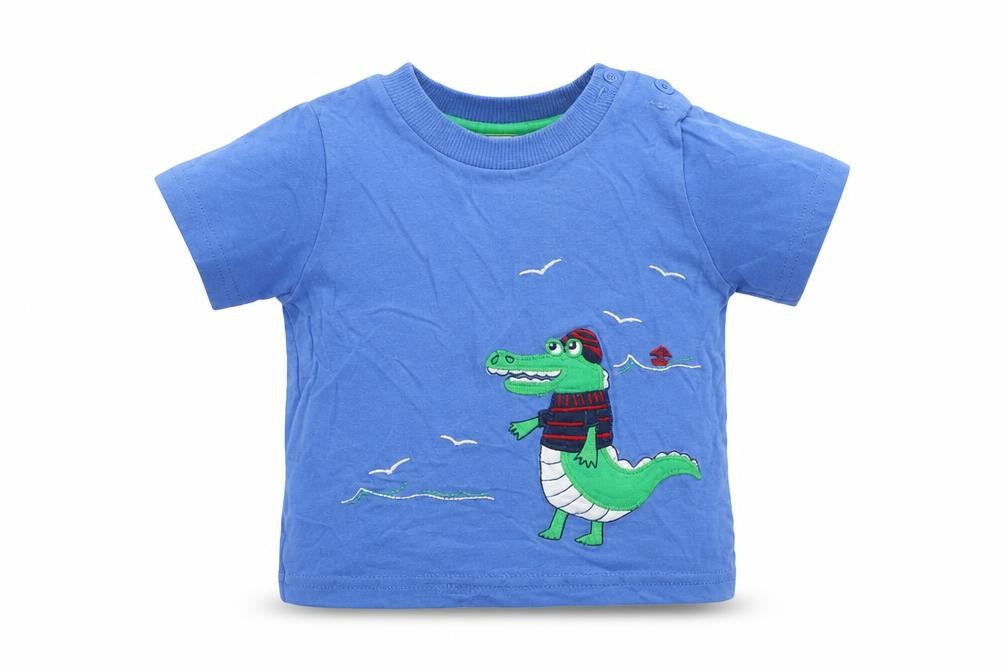Front view of John Lewis boys’ blue basic t-shirt, size 3-6, months