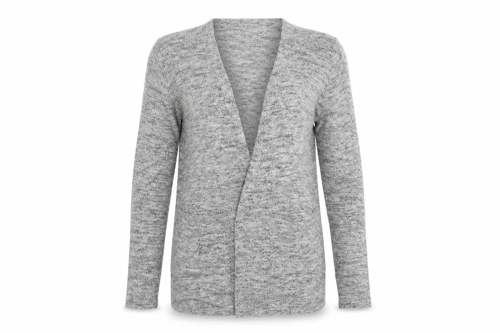 Front view of Atmosphere women’s grey herringbone wrap jumper, size UK 6, - wrap style cardigan