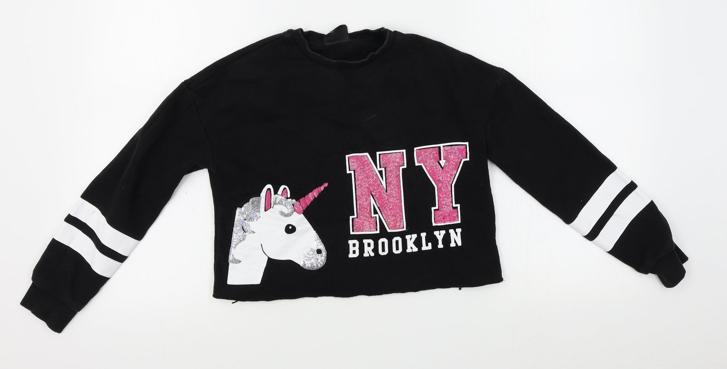 Preworn Girls Black   Pullover Sweatshirt Size 10-11 Years  - cropped, unicorns