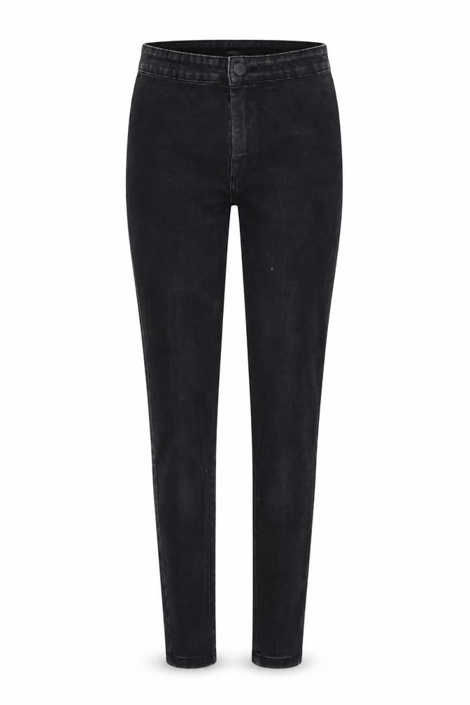 Front view of Denim & Co. women’s black denim skinny jeans, size UK 6, 26-inch leg