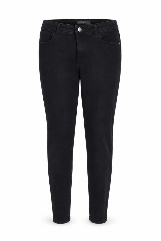 Front view of Denim & Co. women’s black denim skinny jeans, size UK 14, 25-inch leg