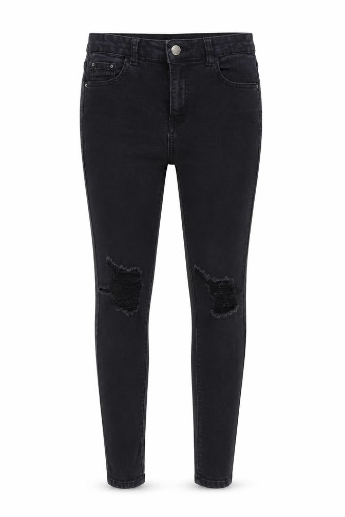 Front view of Denim & Co. women’s black denim skinny jeans, size UK 10, 29-inch leg