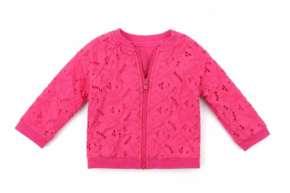 Front view of Tu girls’ pink colourblock full zip jumper, size 3-6, months